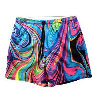 idem Psychedelic Print Swim Trunks Mens 34 Colorful Wave Festival EDM Mesh Lined